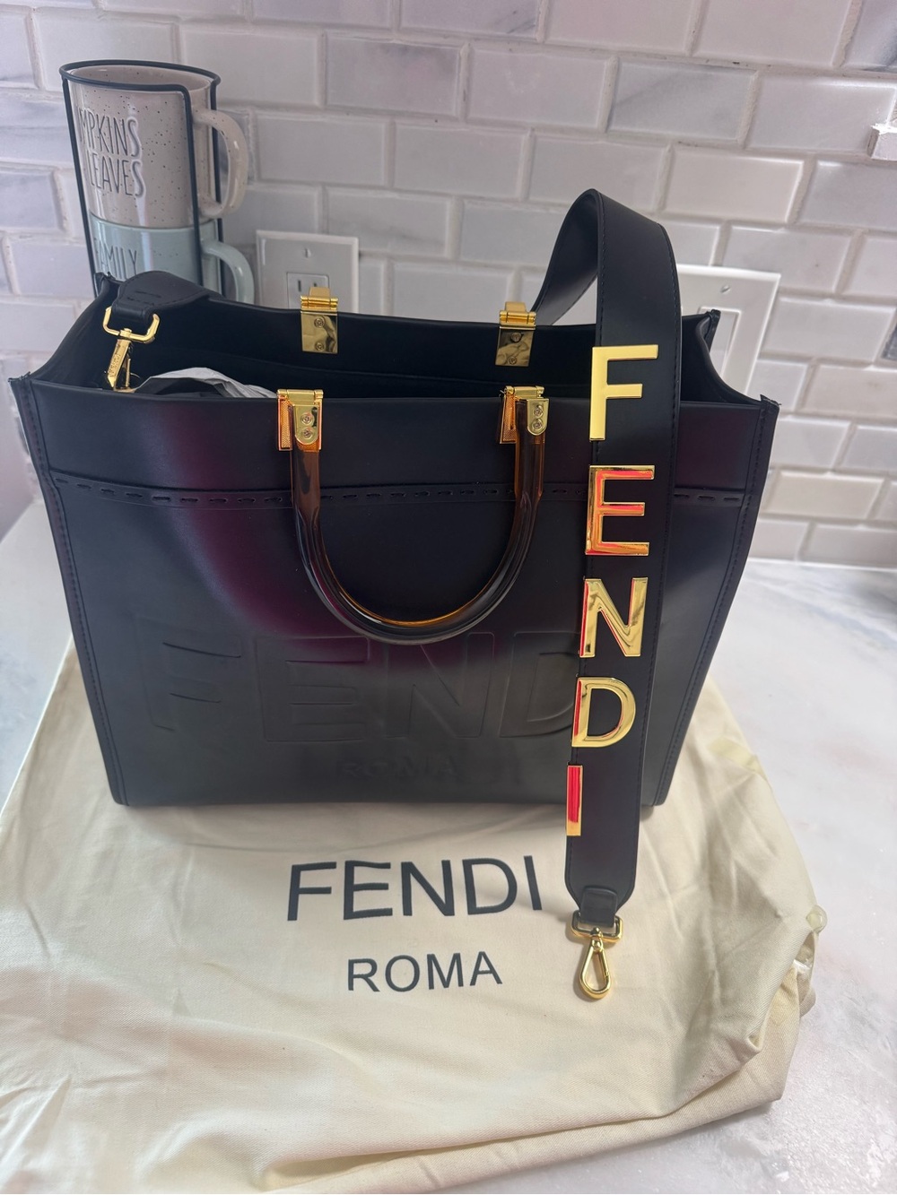 New!!  Fendi Black Leather Tote with Gold Hardware and Logo Strap